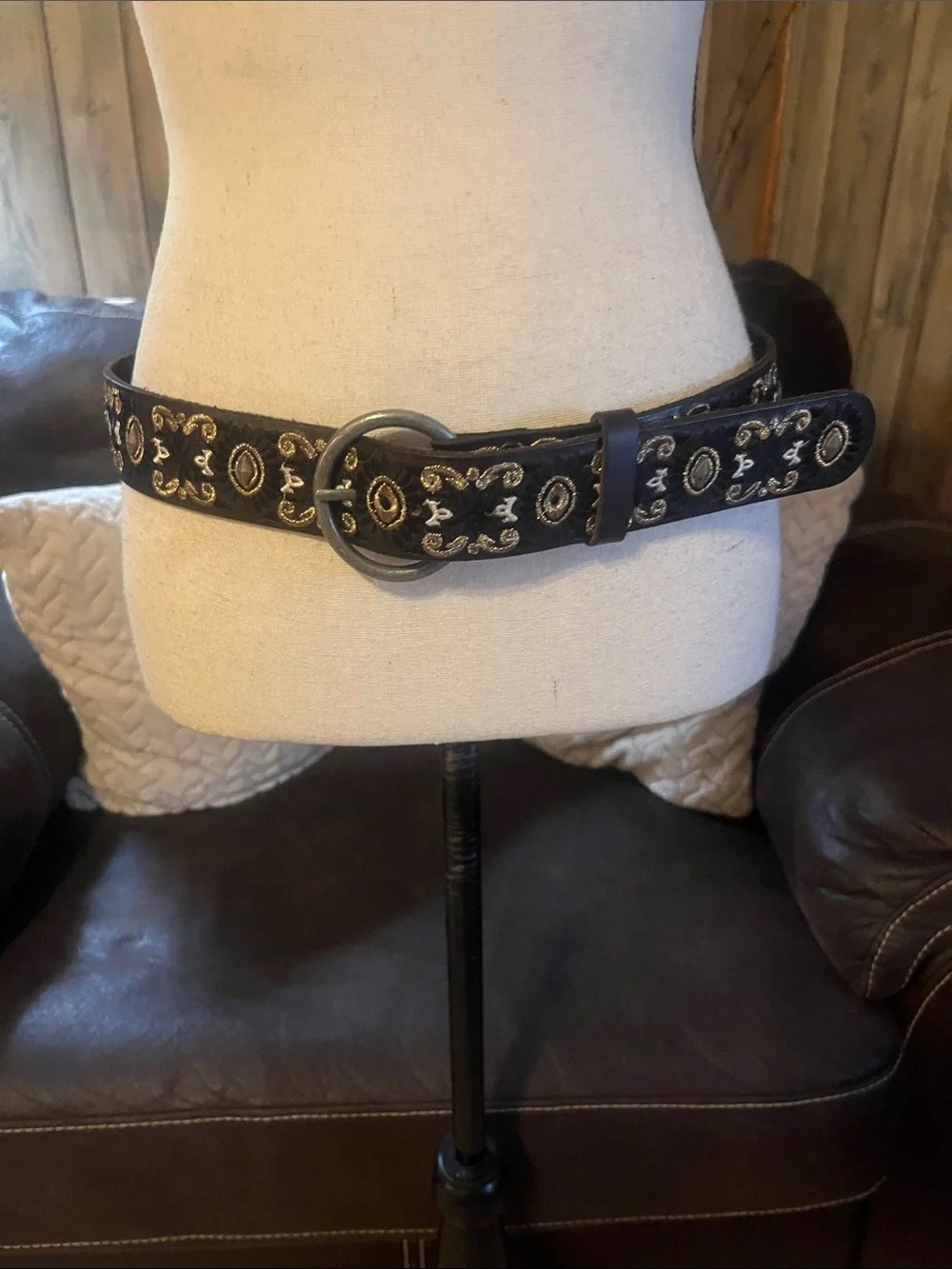 Lucky Brand Brown Leather Belt Embroidered Boho Studded Western Hippie Silver/Go